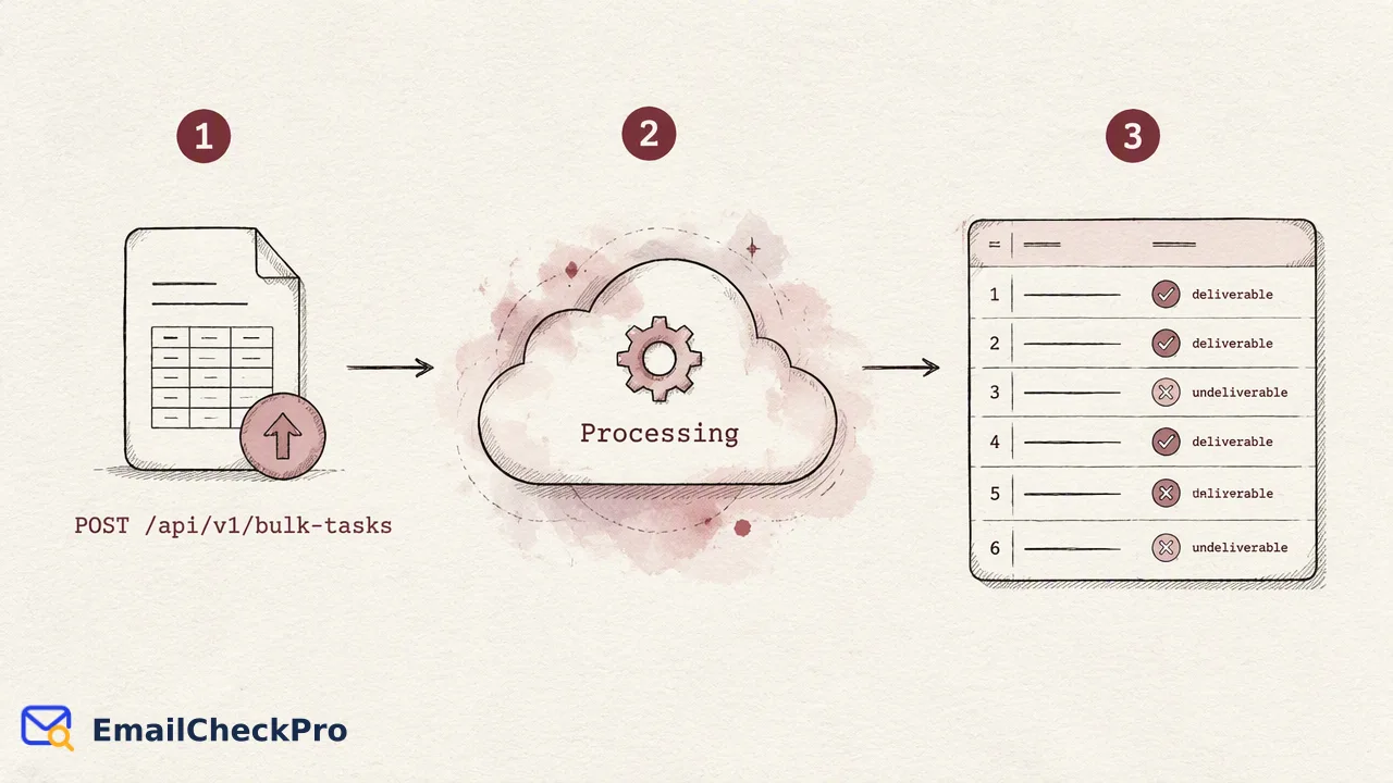 EmailCheckPro workflow illustration for Email Verification in Spring Boot: Moving Beyond Syntax