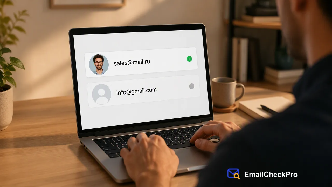 Ilustración del flujo de trabajo de EmailCheckPro para «Verificación de avatar de Gmail: Avatares públicos junto a la entregabilidad»